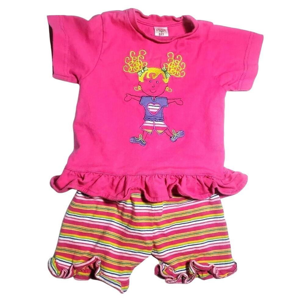 Vintage 1990 Baby Girl Copper Key Embroidered Curly Striped Shorts Outfit 24m 2T